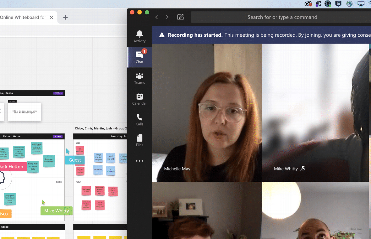 Part of a screen showing faces on microsoft teams and some post-it notes on a miro board